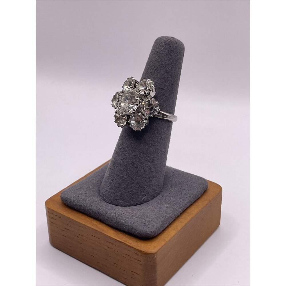 Vintage Clear Rhinestone Prong Set Adjustable Flower‎ Ring Silver Tone 3D Floral - Picture 3 of 15